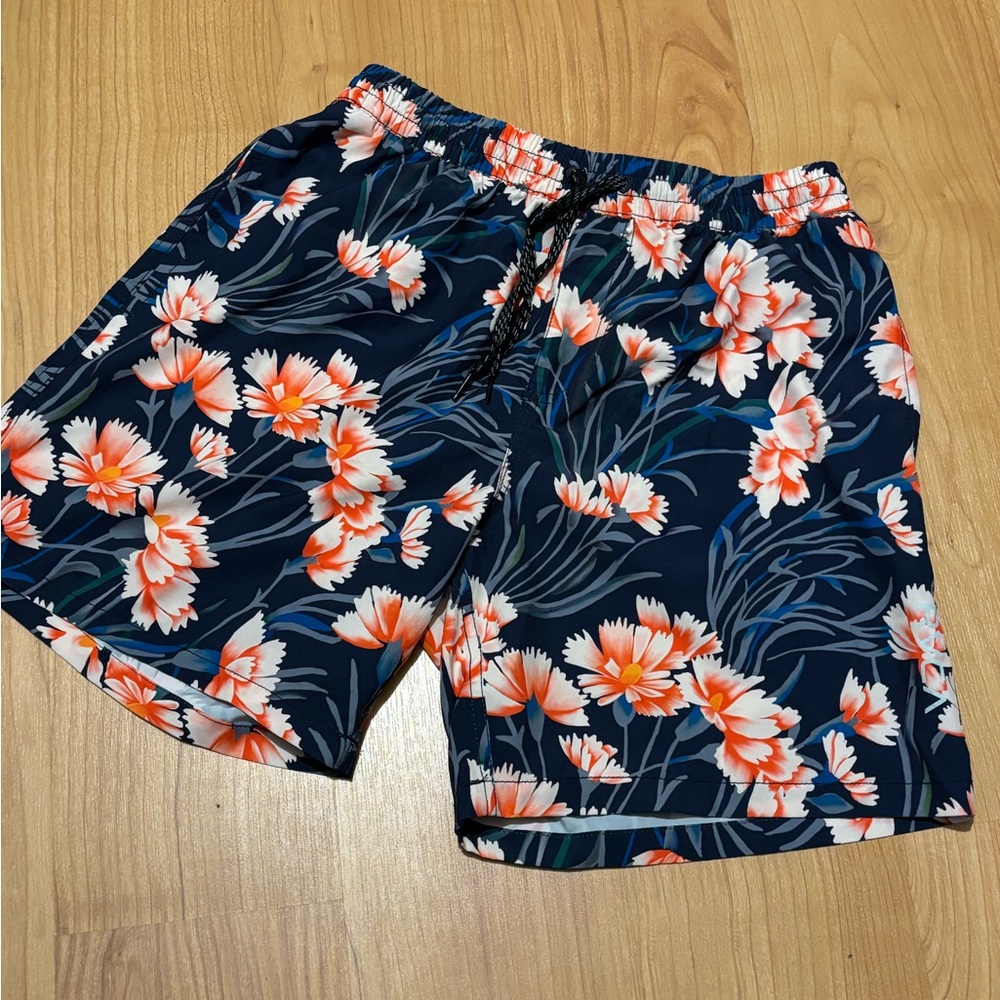 RVCA Men's Navy Floral Swim Trunks - Orange & White Flower Print - Medium